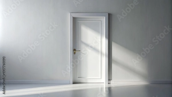 Obraz A simple, elegant, white door with a silver handle stands alone on a pure white background, surrounded by