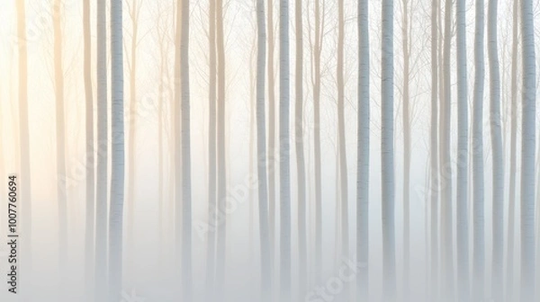 Fototapeta A fog-covered forest with tall trees barely visible creating a mysterious and tranquil scene