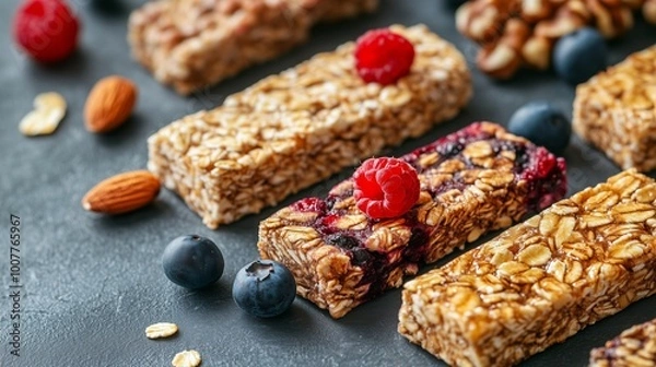 Fototapeta Healthy snack assortment featuring homemade granola bars with nuts and berries on a dark surface