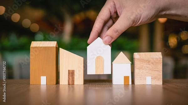 Fototapeta Hand choosing mini wood house model from model and row of coin money on wood table, selective focus, Planning to buy property. Choose what's the best. A symbol for construction ,ecology, loan concepts