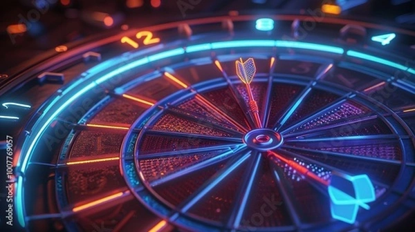 Fototapeta Close-Up of a Neon Dartboard Against a Dark Background