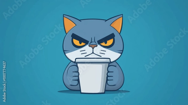 Fototapeta Grumpy cat holding a cup of coffee.