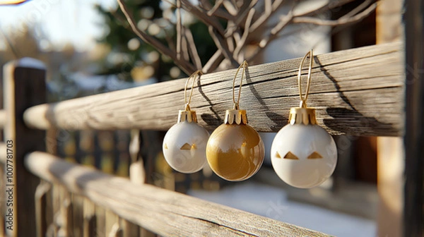 Fototapeta Decorative Christmas ornaments hang on wooden fence, creating festive atmosphere. golden and white colors of ornaments add cheerful touch to winter scene