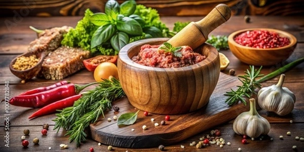 Fototapeta Freshly ground lamb meat spills out of a wooden mortar, surrounded by fragrant herbs and spices, evoking aromas