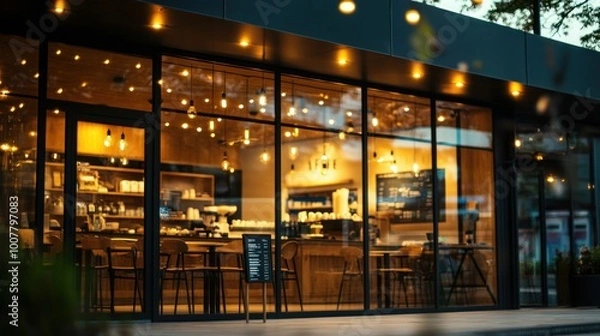 Fototapeta Illustration of a modern shop with large glass windows and warm interior lighting, creating a cozy cafe atmosphere. Ai generated image