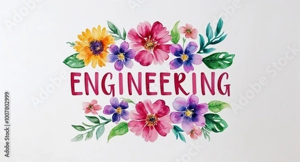 Obraz engineering word lettering with watercolor painting flowers on plain white background