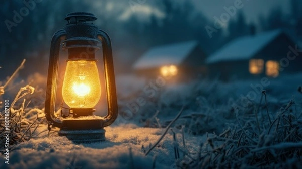 Obraz Serene Winter Twilight: Lantern and Cabin