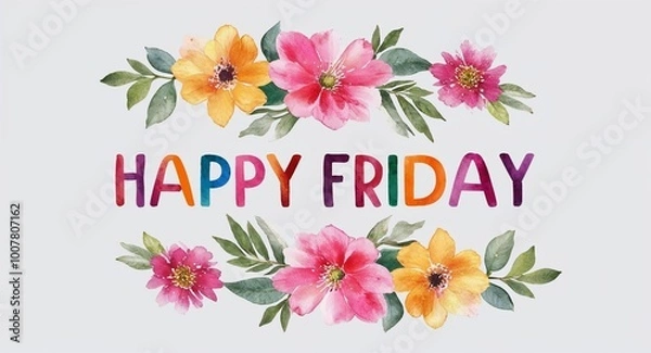 Obraz happy Friday word lettering with watercolor painting flowers on plain white background
