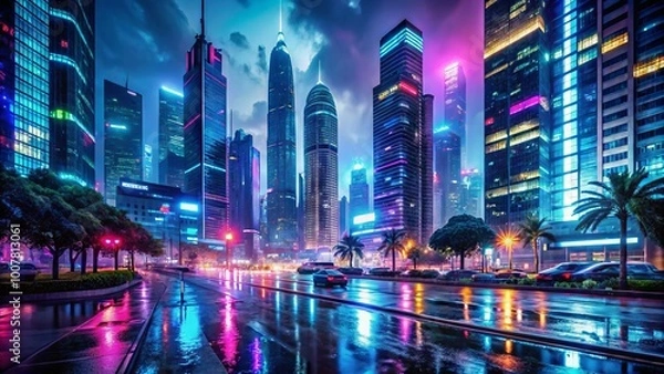 Fototapeta Vibrant cityscape at night with towering skyscrapers, bustling streets, and neon lights reflecting off wet pavement,