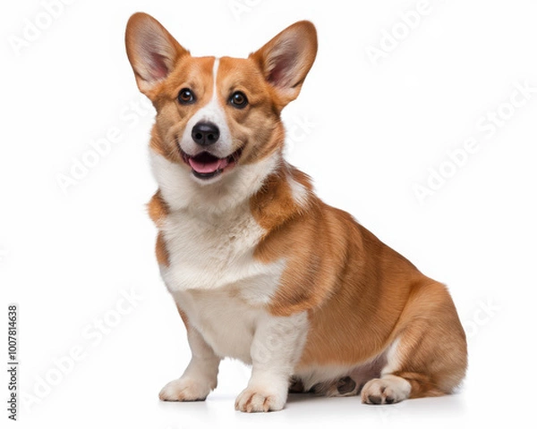 Obraz Adorable Corgi with a cheerful expression sitting against a white background.