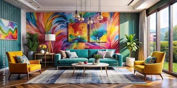Fototapeta Vibrant colors and eclectic design elements come together in a modern interior space, featuring bold brushstrokes and