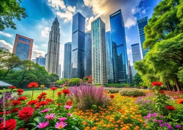 Fototapeta Vibrant greenery and colorful flowers bloom amidst modern skyscrapers and sleek architecture in this serene urban