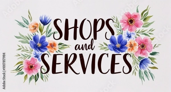 Fototapeta Shops and Services word lettering with watercolor painting flowers on plain white background