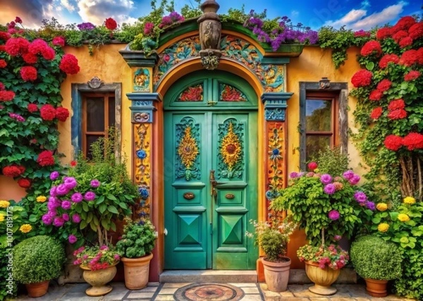 Fototapeta Vibrant multicolored front door with intricate carvings and ornate hardware, surrounded by lush greenery and blooming