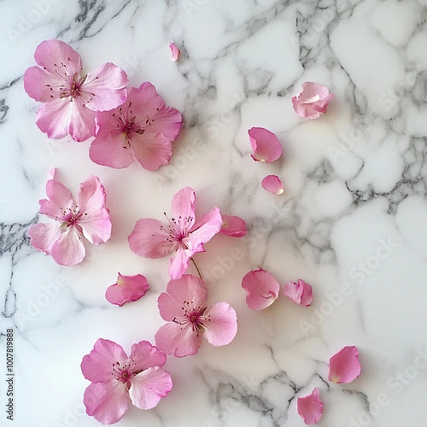 Fototapeta Pink flowers arranged on a marble surface with petals scattered around, soft diffused light creating a minimalist and elegant composition