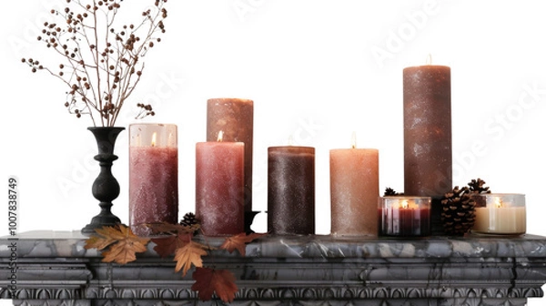 Fototapeta Scented candles arranged on a fireplace mantle, on white background