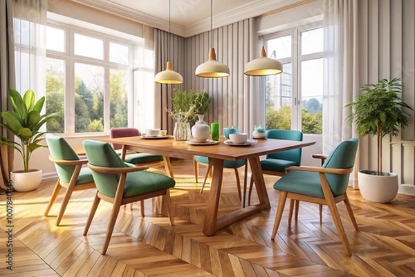 Fototapeta Luxurious wooden dining table paired with cushioned chairs, accentuated by a delicate white cup, graces an exquisite parquet floor for a warm, inviting ambiance.