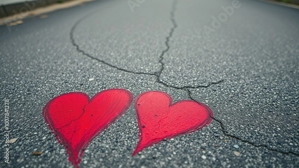 Fototapeta Two vibrant red hearts, intricately painted on a weathered asphalt surface, evoke a sense of romantic nostalgia and playful whimsy in this striking street art image.