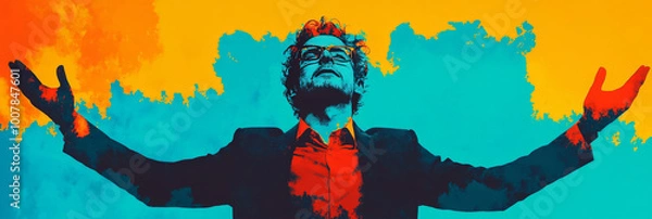 Fototapeta Man in a suit with arms raised against a colorful background.