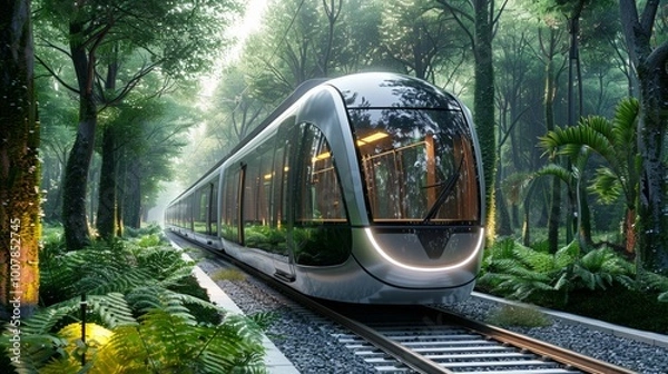 Fototapeta Futuristic train travels through a misty green forest. AI generative. .