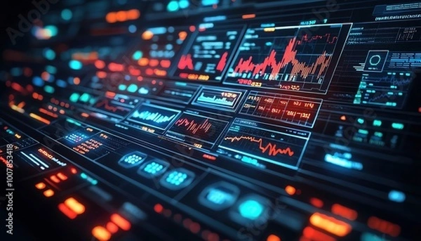 Fototapeta Abstract scoreboard and digital data displays, blending with financial charts, representing sports analytics and business strategy