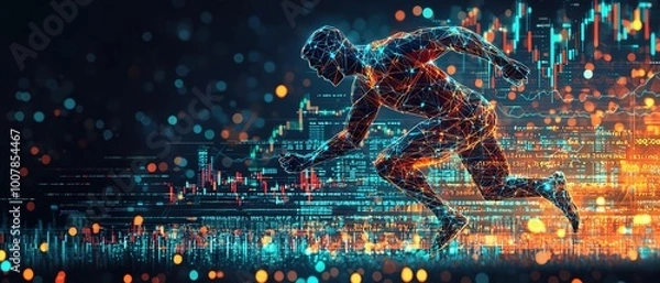 Fototapeta Geometric shapes forming a dynamic athlete figure, overlaid with digital stock market graphs, symbolizing sports business growth