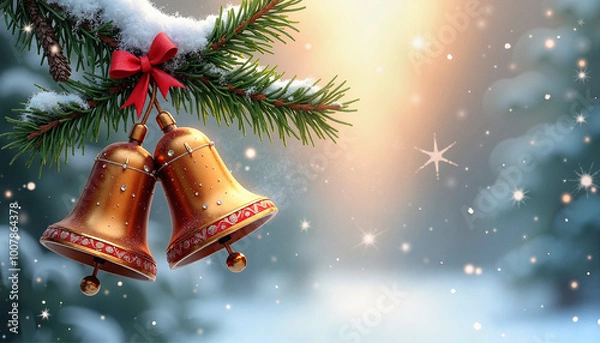Fototapeta Christmas bells hanging on a snowy pine branch with a magical winter background