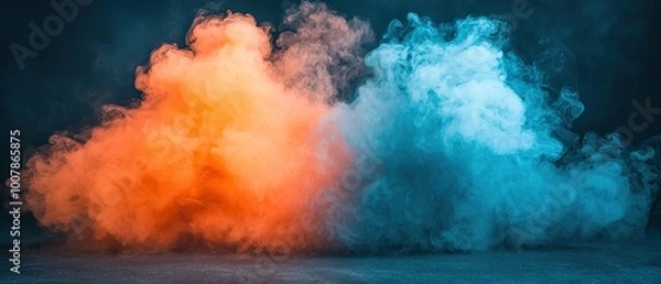 Fototapeta Abstract image of orange and blue smoke on a dark background.