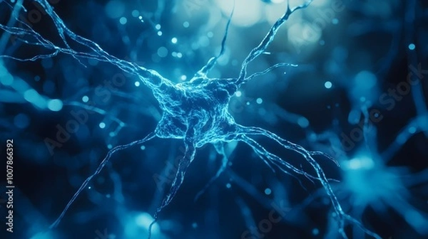Fototapeta A Blue Illuminated Neuron Cell With Branching Axons and Dendrites