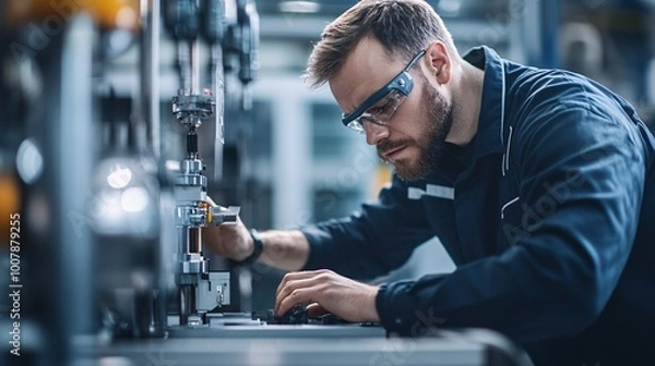 Obraz Industrial worker inspecting a machine in a factory setting.