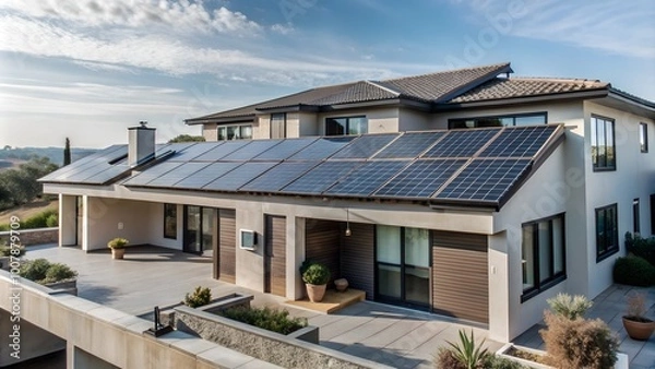 Fototapeta Sleek Modern House with Solar Panels and Spacious Balcony Showcasing Advanced Energy-Efficient Design and Contemporary Sustainable Living