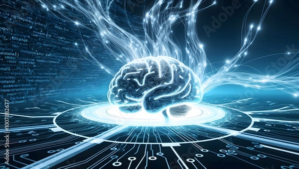 Fototapeta Futuristic Neural Network Visualization - AI Brain Processing Data in a Digital High-Tech Environment