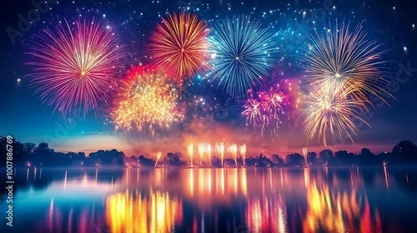 Fototapeta stunning display of fireworks lighting up the night sky during an Indian festival, with the reflection of the colorful explosions on a nearby lake