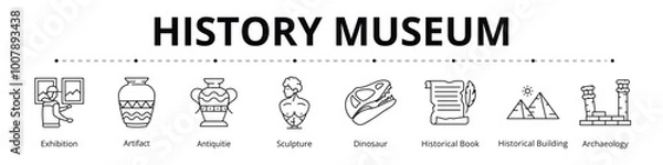 Fototapeta History Museum Line Banner Web Icon Set Vector Illustration, Exhibition Artifact Antiquities Sculpture Dinosaur Historical Book Building Archaeology