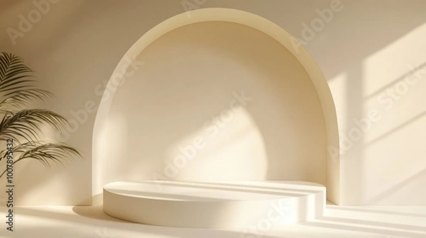 Fototapeta Minimalist interior with an arch and a circular platform, ideal for presentations or displays.