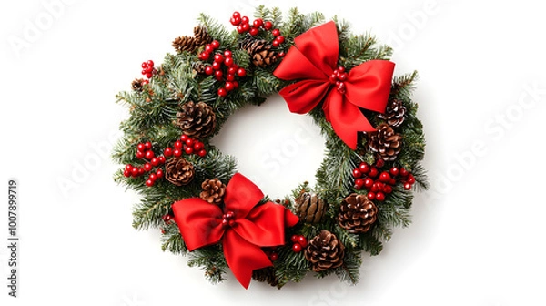 Fototapeta A traditional Christmas wreath with red ribbons, berries, and pinecones hanging against