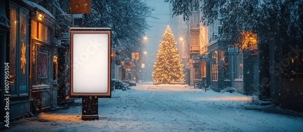 Fototapeta Festive Winter Street Scene with Illuminated Christmas Tree and Blank Billboard in Snowy Urban Setting at Night