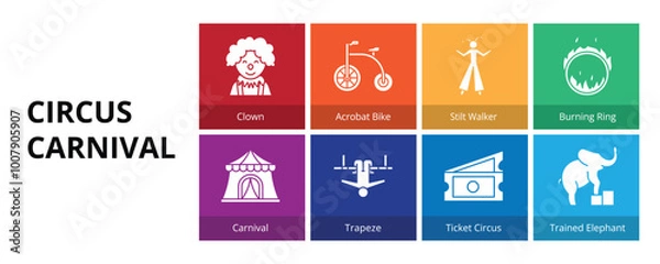 Fototapeta Circus Carnival Glyph Solid Banner Web Icon Set Vector Illustration, Clown Acrobat Bike Stilt Walker Burning Ring Carnival Trapeze Ticket Trained Elephant