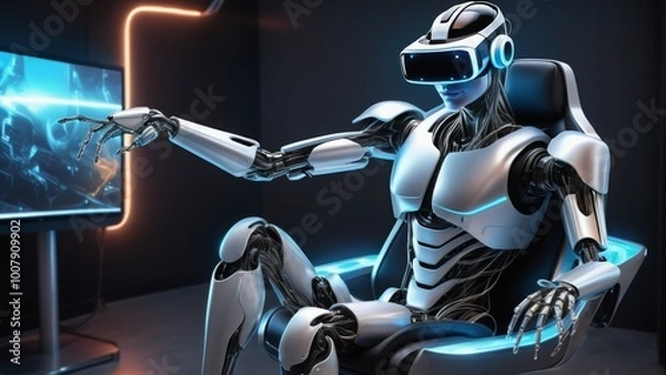 Fototapeta A robot wearing virtual reality glasses sits in a chair and watches a movie. Conceptual photo of the application of modern technologies. The photo was taken using artificial intelligence technology