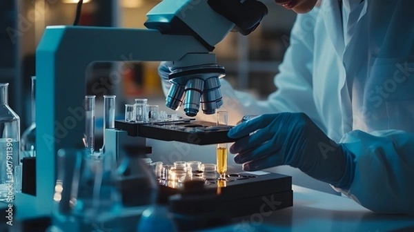 Fototapeta Scientist Examining a Liquid Sample Under a Microscope in a Laboratory