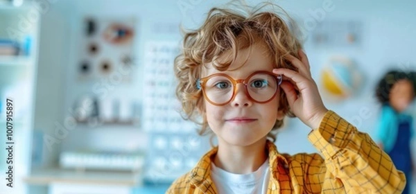 Obraz Young boy wearing red glasses in an optometrists office