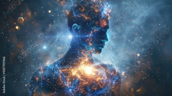 Fototapeta Silhouette of a man in the rays of a shining aura around his body against the backdrop of outer space with stars. The theme of awakening energy and discovering magical abilities.