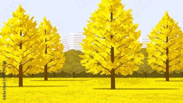 Obraz 公園　イチョウの木  背景ビル