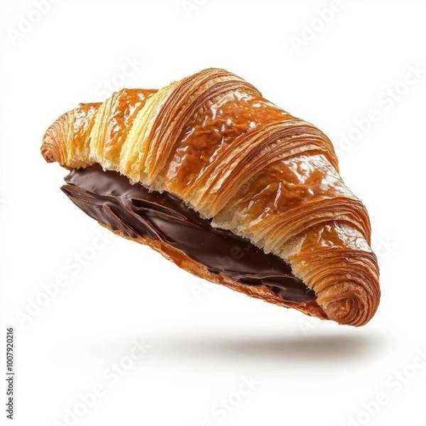 Fototapeta A flying chocolate croissant, mid-air, isolated on a white background, with layers showing the perfect blend of pastry and chocolate.