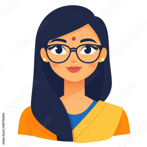 Obraz A vibrant illustration of an Indian woman in glasses, adorned with traditional accessories and a colorful sari, perfect for avatars.