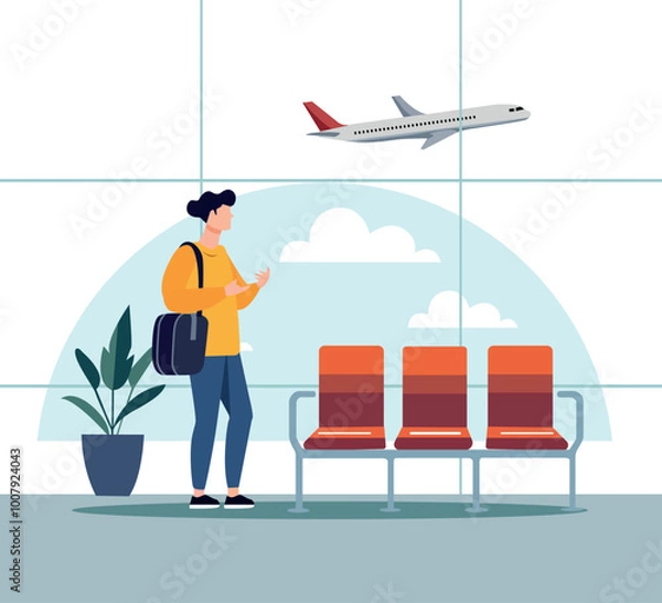 Fototapeta Young man in airport terminal waiting for flight flat vector illustration
