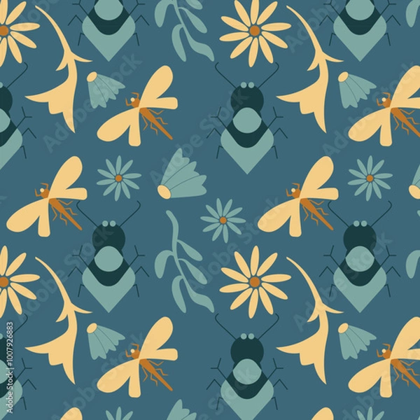 Obraz Vector Insects and floral pattern for fabric. decorative seamless flower background