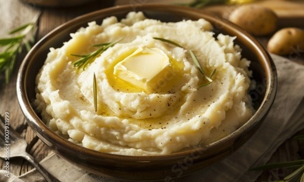 Fototapeta Bowl of mashed potatoes with butter and butter pat