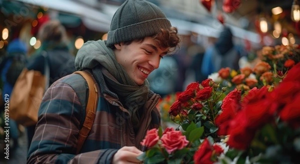 Obraz Young man standing next to bunch of red roses