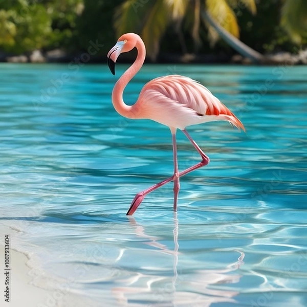 Fototapeta This captivating image showcases a vibrant pink flamingo standing gracefully in crystal-clear, shallow tropical waters. The tranquil setting emphasizes the bird's elegant posture.